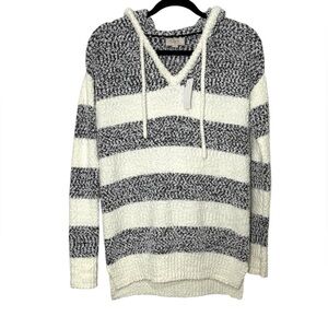 LOFT Outlet Sweater Size Medium Black White Striped Hooded Boucle Pullover NWT